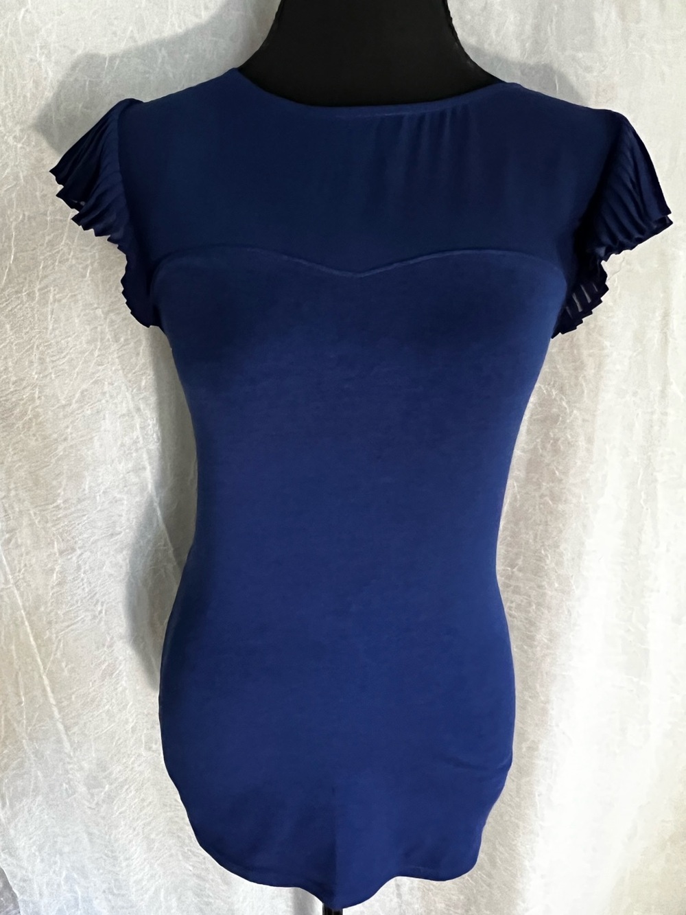 Express royal blue Pleated Cap Sleeve Fitted Top sheer panel detail